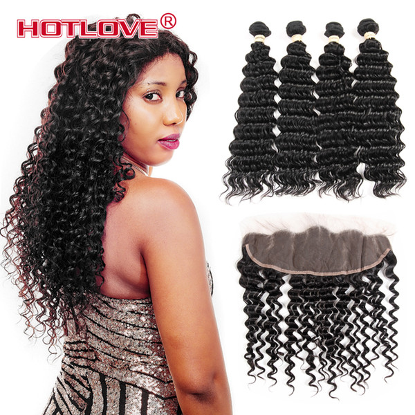 Lace Frontal Closure with Bundles 5pcs/Lot India Virgin Hair Ear to Ear Deep Wave Indian Hair 4 Bundles with Closure Frontal