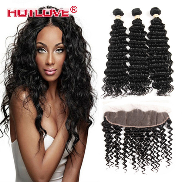 HOTLOVE Mongolian Deep Wave 3 bundle Hair with Lace Frontal 13*4 inch Natural Black No Shedding No Tangle Grade 8A Good Hair