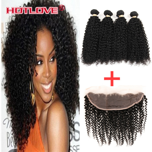 Mongolian Ear to Ear Lace Frontal Closure With 4 Bundles Grade 8A Virgin hair Kinky Curly Human Hair With 13x4 Pre Plucked Frontal