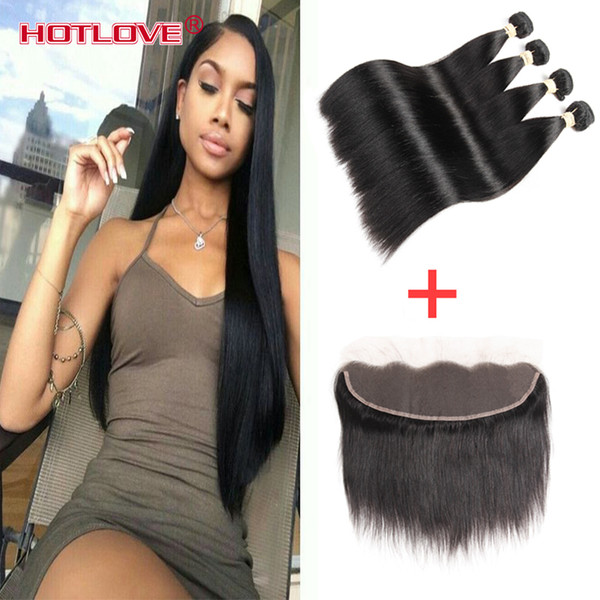 HOTLOVE Mongolian Virgin Hair Straight 4 Bundle with Pre Plucked Lace Frotnal closure Ear to Ear 130% Density Unprocessed Virgin Hair Weft