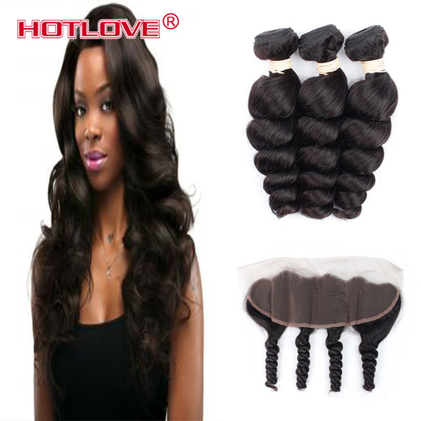 HOTLOVE Mongolian Virgin Human Hair Waves Loose with Lace Frontal Closure 3 Bundle Loose Wavy with Pre Plucked Frontal 13*4 inch Natural