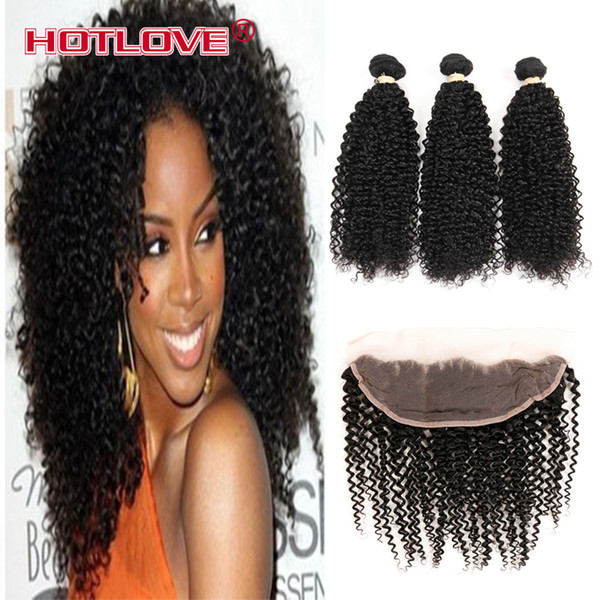 HOTLOVE Mongolian Kinky Curly Lace Frontal Closure With 3Bundle Human Hair Full Cuticle Soft Curly Hair For Black Women No Shedding Color 1B