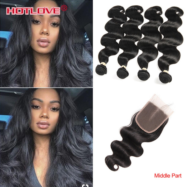 HOTLOVE Unprocessed Indian Virgin Hair With Lace Closure Indian Body Wave With Closure 4 Bundles Human Hair With Closure Good Quality Weave