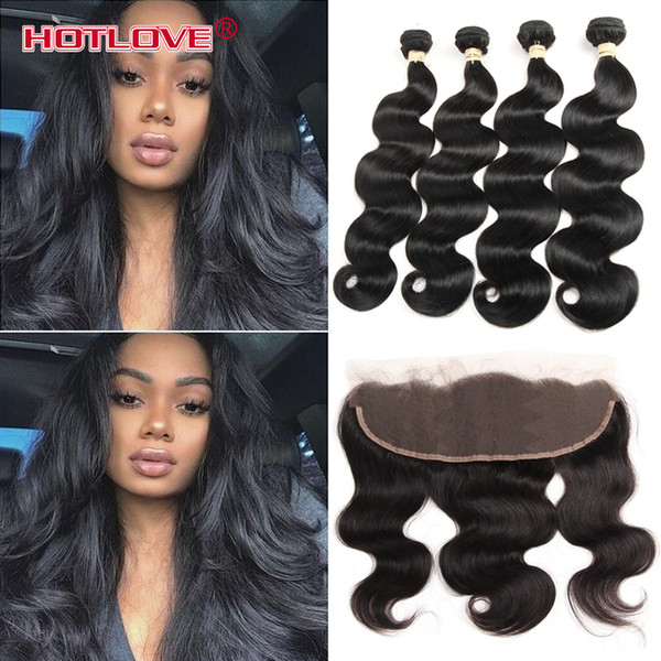 Indian Body Wave 4 Bundle Hair with Lace Frontal Closure 8-28 inch Unprocessed India Virgin Human Hair Extensions Body Wavy HOTLOVE Products