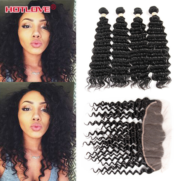 8A Malaysian Virgin hair Deep Wave Ear to Ear Lace Frontal Closure With 4 Bundles Human Hair With 13x4 lace Frontal Deep Curly