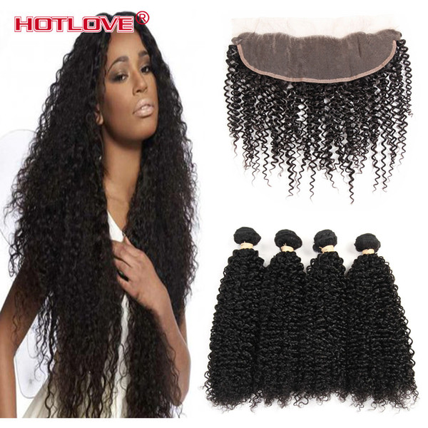 Ear to Ear Lace Frontal Closure With 4 Bundles 8A Brazilian Virgin hair Kinky Curly Human Hair With 13x4 lace Frontal Closure