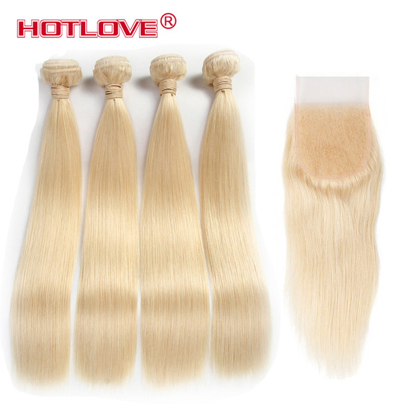 HOTLOVE Brazilian Remy Virgin Straight 613 Blonde Hair 4 Bundles With Lace Closure For Hair Salon High Ratio Longest Hair Color 613