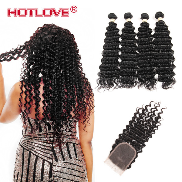 Indian Virgin Hair Deep Wave Bundles with Lace Closure 100% Remy Human Hair Weave 4 Bundles With Closure Deep Curly Factory Sale Price