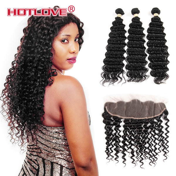 HOTLOVE Indian Deep Wave Lace Frontal Closure With Bundles 100% Human Hair Weave 3 Pcs With Closure Deep Curly India Virgin Hair Extension