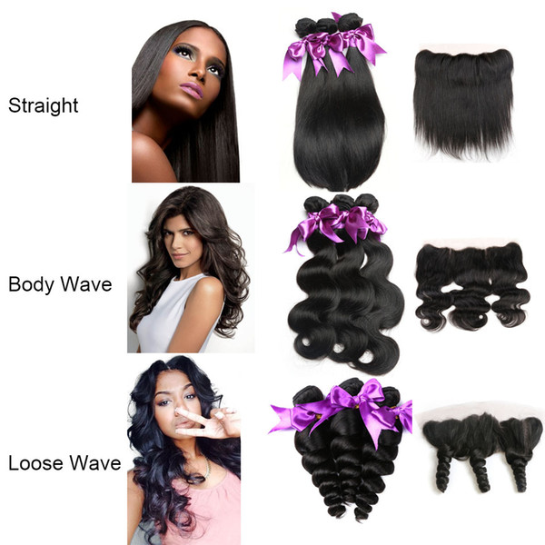 Good Quality Braziian Body Wave Human Hair Bundles Straight Loose Wave Hair 3 Bundles With Frontal Closure 100% Virgin Hair 13*4 Closure