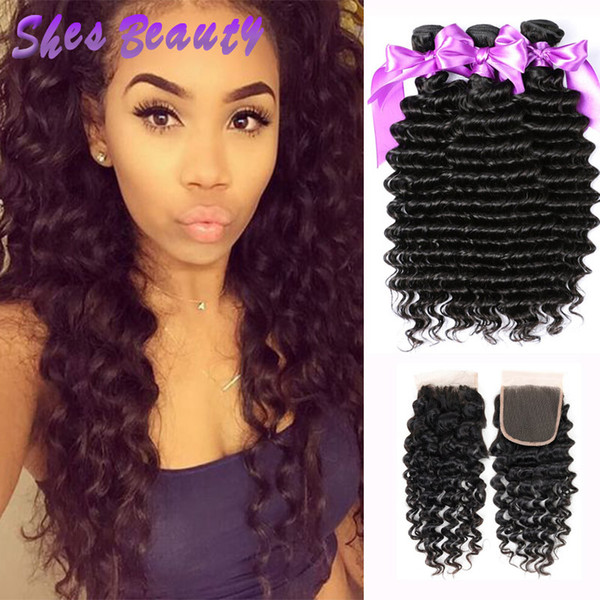 Top Quality Malaysian Virgin Hair Deep Wave Human Virgin Hair 100% Unprocessed Hair Extensions Weave 3 Bundles With Closure 4*4 Lace Closure