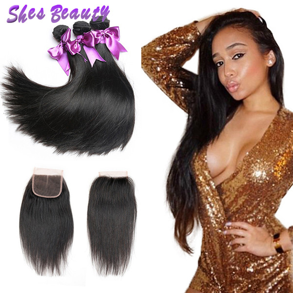 Shesbeauty Peruvian Straight Human Hair Weaves Extensions 4 Bundles with 4*4 Lace Closure Free Middle 3 Part Pure Color 440 g/lot