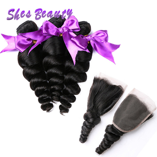 Shesbeauty Peruvian Hair With Closure 100% Unprocessed Peruvian Human Hair Weave 3 Bundles Loose Wave Hair Extensions Natural Color