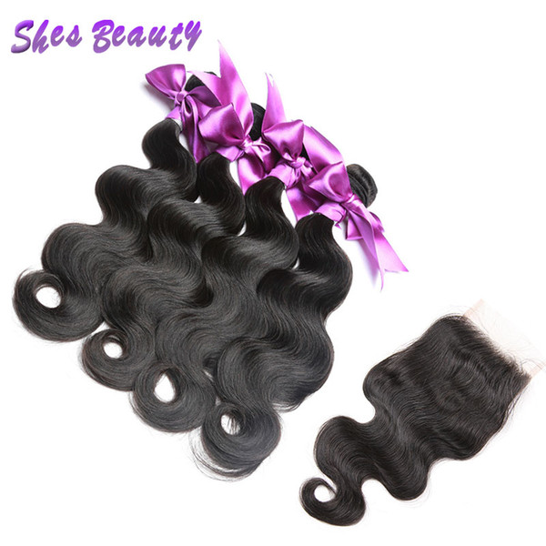 Shesbeauty Indian Body Wave Hair 4 Bundles With Closure Wet and Wave Body Wave Human Hair With 4x4 Lace Closure Natural Color