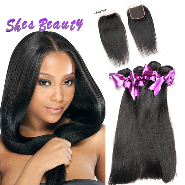 Shesbeauty Brazilian Straight Hair 4 Bundles With 4*4 Lace Closure 100% Human Brazilian Hair Wholesale Brazilian Straight Hair Weave Bundles