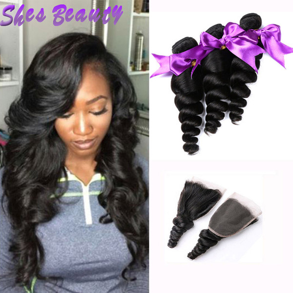 Shesbeauty Hot Sale Hair Products 8A Unprocessed Brazilian Loose Wave Virgin Hair 4 Bundles With 4*4 Lace Closure 440 g/lot