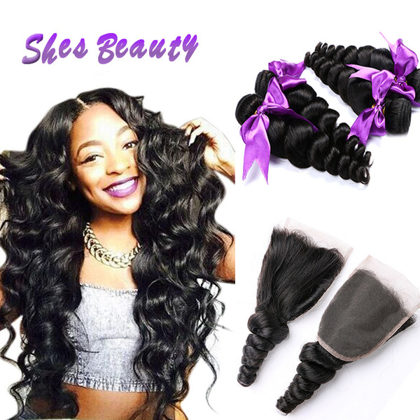 Shesbeauty Unprocessed Malaysian Hair Bundles With Closure 8A Malaysian Virgin Human Hair 4 Bundles Loose Wave With Closure Natural Color