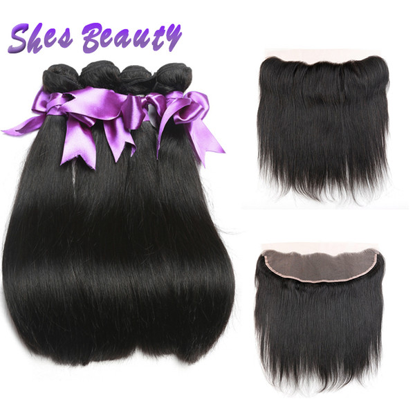 Shesbeauty 100% Peruvian Virgin Straight Hair 4 Bundles With Frontal Closure Good Quality Peruvian Straight Weave Bundles Natural Color