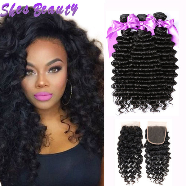 Malaysian Deep Wave 3 Bundles With Closure 8A Malaysian Virgin Hair Wet Wavy Malaysian Human Hair Weave With Lace Closure Good Quality