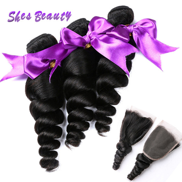 Shesbeauty 8A Peruvian Human Hair With Closure 100% Peruvian Hair Bundles Closure 3 Bundles Loose Wave Hair Extensions Natural Black Color