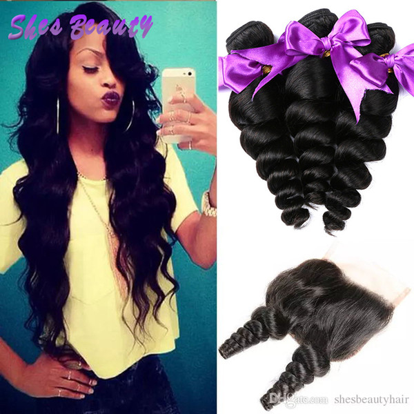 Shesbeauty 8A Peruvian Loose Wave Virgin Hair 3 Bunles With 4*4 Lace Closure Wholesale 100% Peruvian Human Hair Bundles Deals 100g/pc