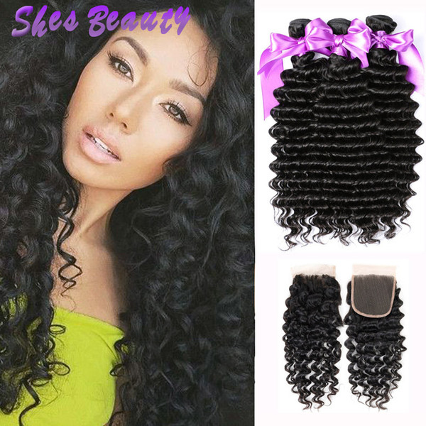 Brazilian Deep Wave Human Hair Bundles Grade 8A Brazilian Virgin Hair Unprocessed Hair Deep Wave 3 Bundles With Closure Natural Color