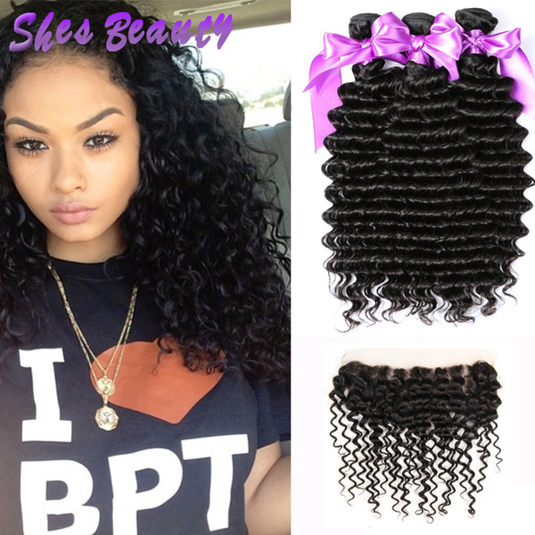 Shesbeauty 3 Bundles Brazilian Wave With Lace Frontal 4Pcs Lot Deep Wave Virgin Hair 3 Bundles With Lace Frontal Closure 100% Human Hair