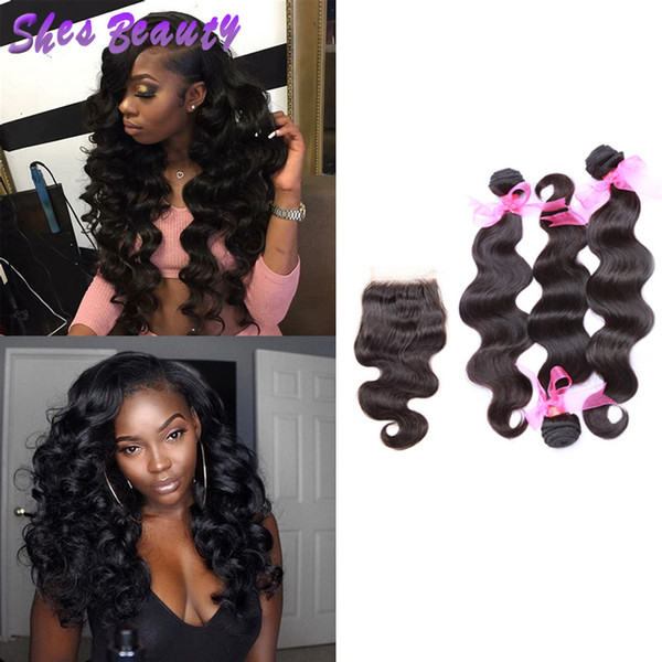 Malaysian Body Wave Virgin Hair 3 Bundles With Closure Malaysian Human Hair Body Wave Bundles With 4X4 Lace Closure 100% Virgin Human Hair