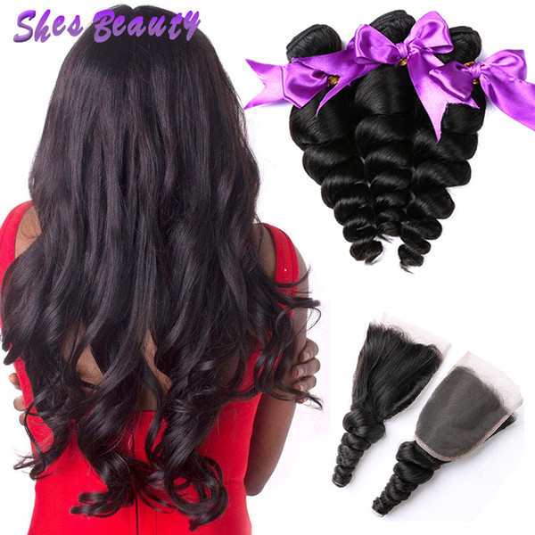 Brazilian Human Hair 3 Bundles With Closure 100% Unprocessed Brazilian Loose Wave Hair With 4x4 Closure Loose Wave Brazilian Hair Bundles