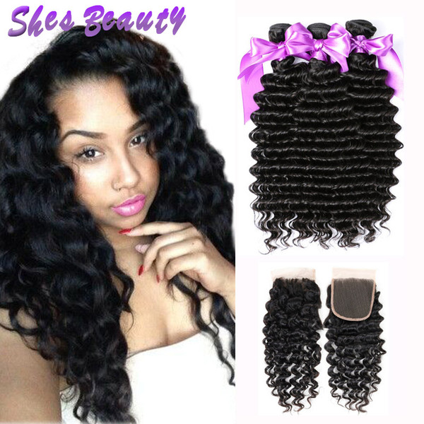 Shesbeauty Deep Wave Brazilian Human Hair Weaves with Closure 100% Unprocessed Human Hair Extensions 3 Bundles with 4x4 Lace Closure Hair