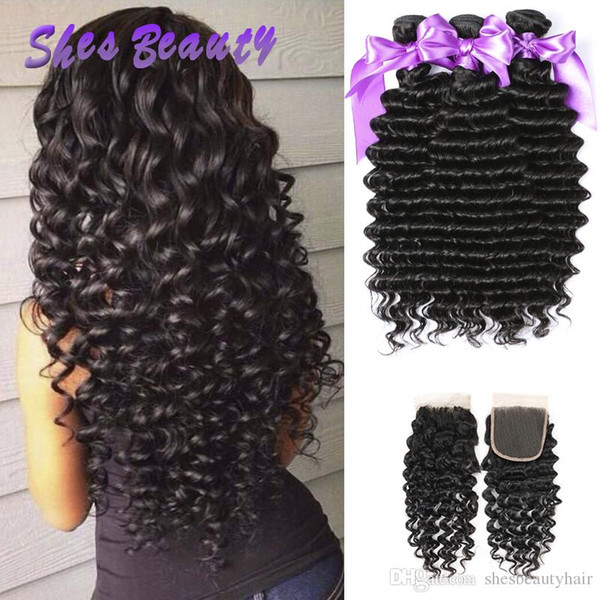 Shesbeauty Deep Wave Virgin Hair With Closure 8A Peruvian Human Hair Weaves Unprocessed Peruvian Hair 3 Bundles with Lace Closure