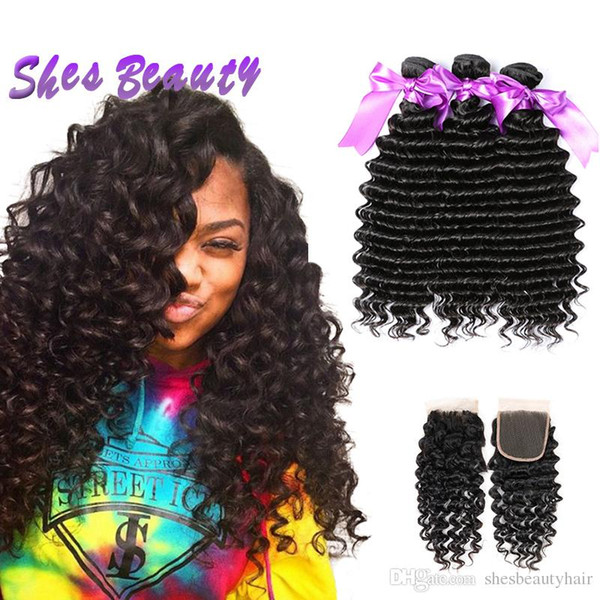 Shesbeauty 8A Brazilian Virgin Hair Bundles with Closure 100% Unprocessed Brazilian Human Hair Deep Wave 3 Bundles with 4x4 Lace Closure