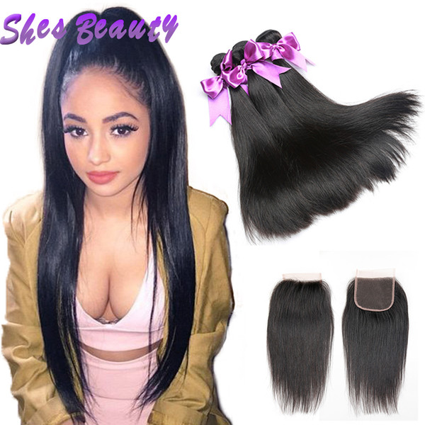 Shesbeauty Indian Straight Virgin Hair 3 Bundles with Closure Unprocessed Indian Straight Hair Weave Natural Color #1b #1 Human Hair Bundles