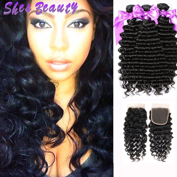 Shesbeauty Indian Virgin Hair Deep Wave 3 Bundles with Closure 100% Unprocessed Indian Human Hair Deep Wave 4x4 Eye To Eye Lace Closure