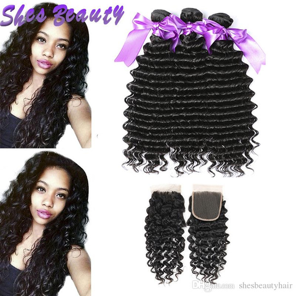 Shesbeauty 3 Bundles With 4x4 Lace Closure Brazilian Deep Wave Hair With Closure Brazilian Virgin Human Hair Deep Wave Bundles With Closure