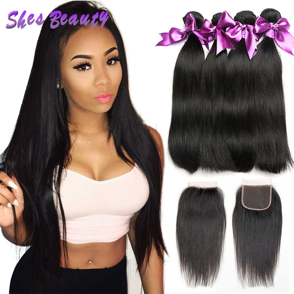 Shesbeauty Raw Indian Straight Hair Lace Closure with Bundles 4pcs Human Hair Weaves with 4x4 Closures Natural Color 440g/lot