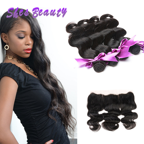 Shesbeauty 8A Unprocessed Brazilian Human Hair With Frontal Closure 100% Virgin Hair Extension Body Wave Hair Bundles With 13X4 Lace Frontal