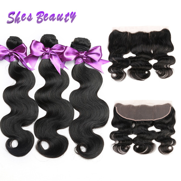 Shesbeauty Peruvian Body Wave Human Hair Weave 3 Bundles With Frontal Closure 100% Peruvian Virgin Hair With 13x4 Lace Frontal Bundles