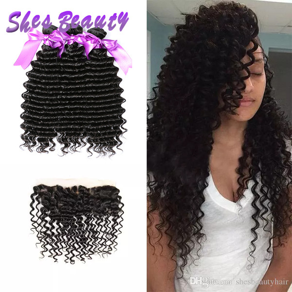 Shesbeauty Deep Wave Hair 3 Bundles With Frontal Closure Wholesale Malaysian Hair Extensions Deep Wave Weave Hair With 13x4 Lace Frontal