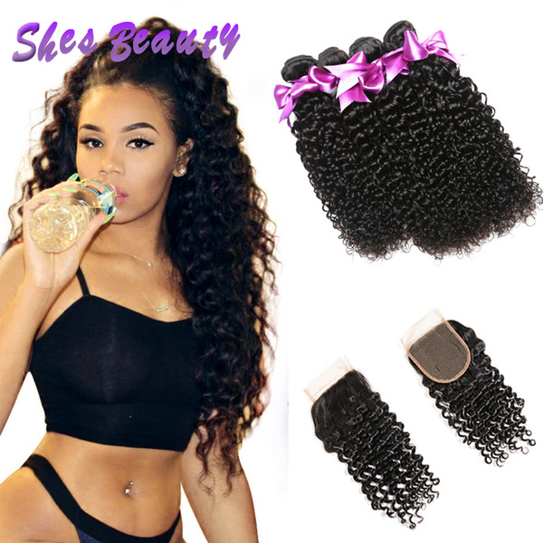 Shesbeauty Malaysian Human Hair With Closure 100% Unprocessed Malaysian Virgin Hair Bundles 4 Pcs Curly Hair Weave Extensions Natural Color