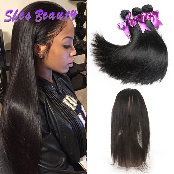 Shesbeauty Brazilian Human Hair Bundles With 360 Lace Frontal Closure Unprocessed Virgin Hair Weaves 3 Bundles Straight Hair Natural Color