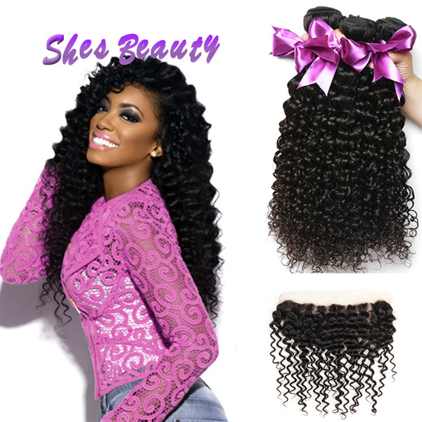 Shesbeauty Human Hair Bundles With Frontal Closure 8A Unprocessed Brazilian Hair Extensions 3 PCS Curly Weave Hair With 13x4 Lace Frontal