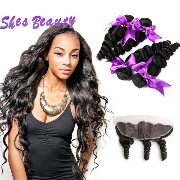 Shesbeauty 100% Virgin Hair Bundles With Frontal Closure Unprocessed Brazilian Human Hair Weave 4 Bundles Loose Wave Hair Natural Color