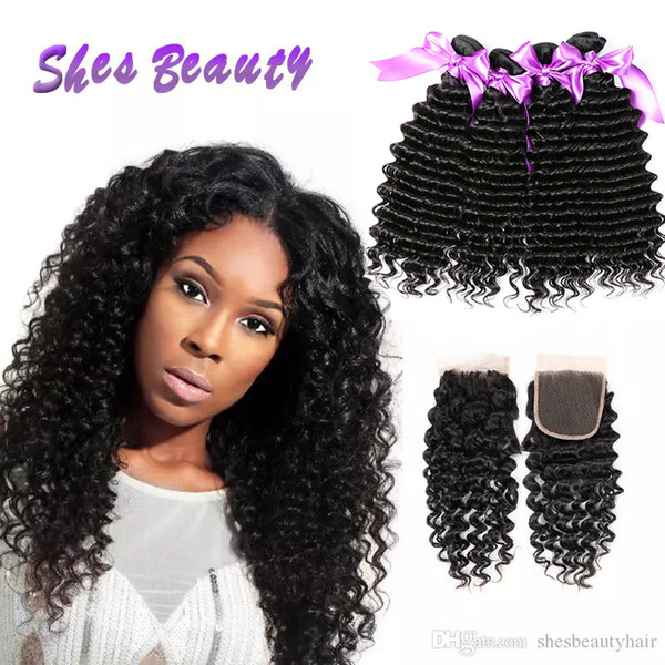 Shesbeauty Malaysian Human Hair Bundles With Closure 100% Unprocessed Malaysian Virgin Hair 4 PCS Deep Wave Weave Extensions Natural Color