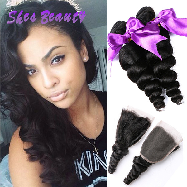 Shesbeauty Brazilian Hair With Closure 4 Bundles Loose Wave Hair Weave 100% Brazilian Virigin Human Hair Bundles With 4x4 Lace Closure