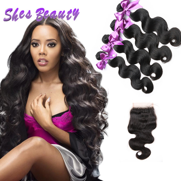 Shesbeauty Brazilian Human Hair With Closure 4 Bundles Body Wave Hair Weave 100% Unprocessed Brazilian Virgin Cheap Hair Extensions 440g/lot