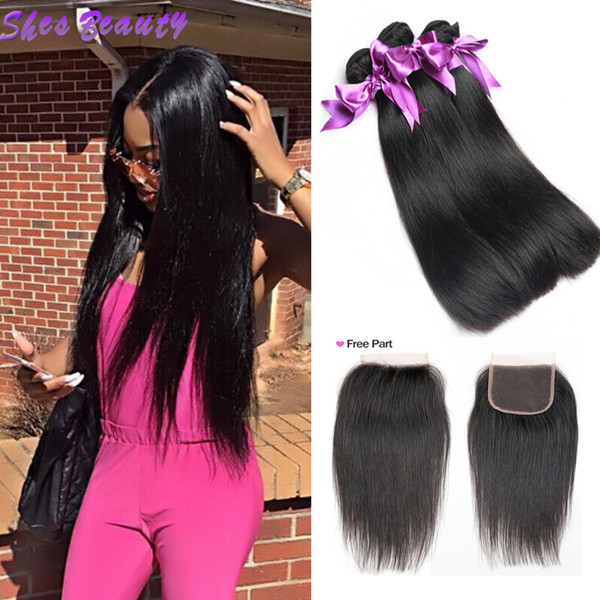 Shesbeauty Hot Sale Brazilian Straight Hair 3 Bundles With 4*4 Lace Closure 100% Human Hair 8A Unprocessed Brazilian Straight Virgin Hair