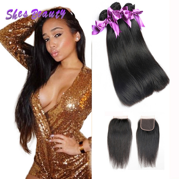 New Arrival Malaysian Straight Hair Weaves With Closure 3 Bundles With Clousre 100% Unprocessed Virgin Human Hair Natural Black Color