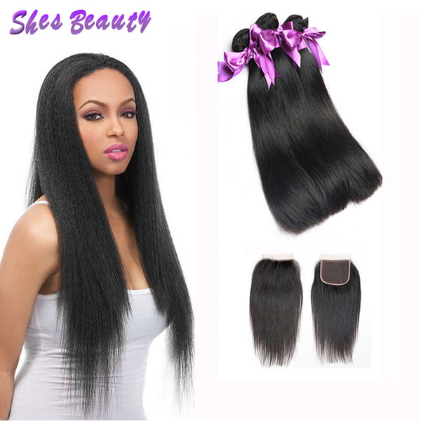 Malaysian Straight Human Hair Weaves Extensions 3 Bundles With Closure Free Middle 3 Part Double Weft 100% Virgin Human Hair