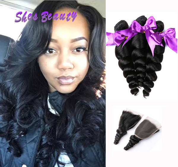 3 Bundles 8A Malaysian Loose Wave Hair With 4X4 Lace Closure Human Hair Bundles 100% Unprocessed Human Hair Weave Extensions Good Quality